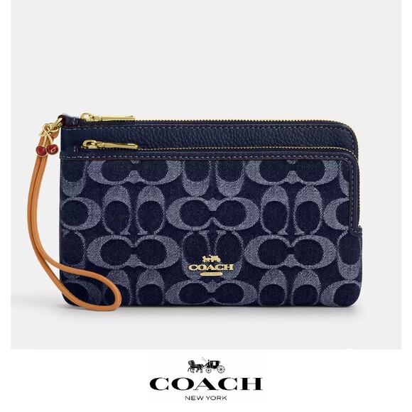 🍒 Coach  Double Zip Wallet In Signature Denim with Cherry Charm - Picture 2 of 12